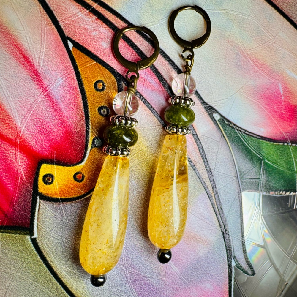 Long Statement Silver Drop Earrings | Citrine Green Fluorite & Clear Quartz